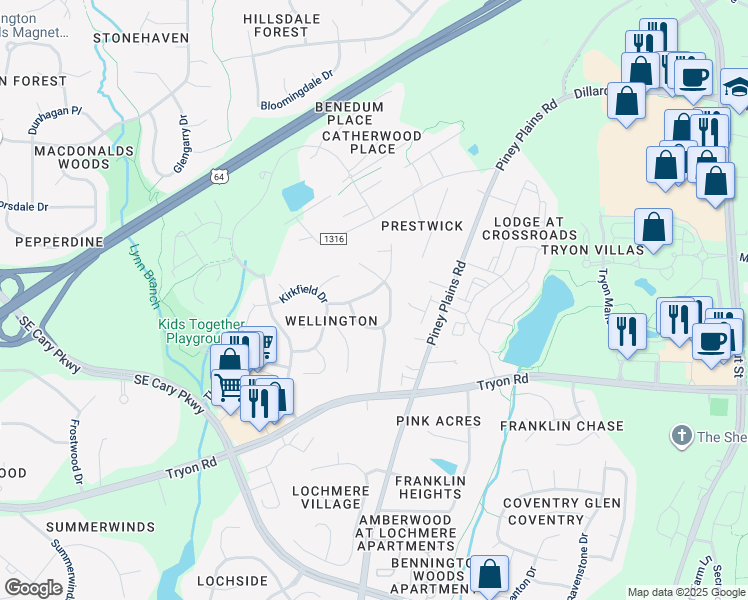 map of restaurants, bars, coffee shops, grocery stores, and more near 206 Hunters Crossing in Cary