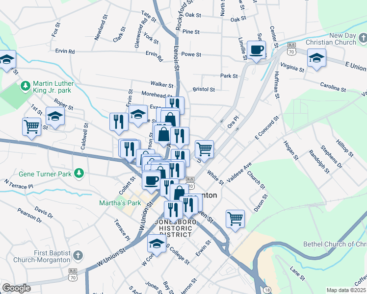 map of restaurants, bars, coffee shops, grocery stores, and more near 105 Lenoir Street in Morganton