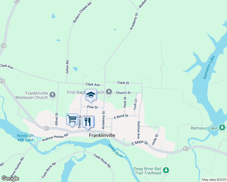 map of restaurants, bars, coffee shops, grocery stores, and more near 137 Church Street in Franklinville
