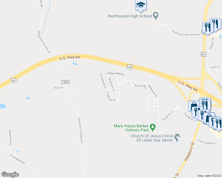map of restaurants, bars, coffee shops, grocery stores, and more near 14 Wickham Drive in Pittsboro