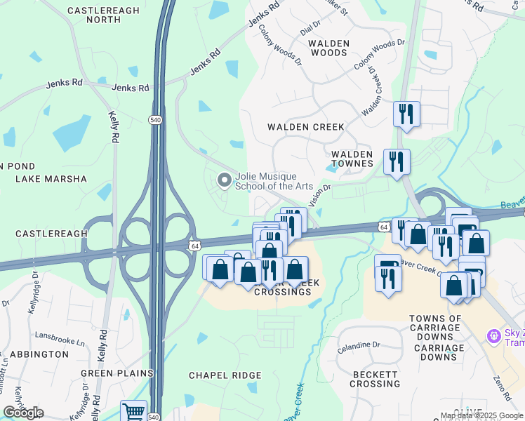 map of restaurants, bars, coffee shops, grocery stores, and more near 2070 Jersey City in Apex