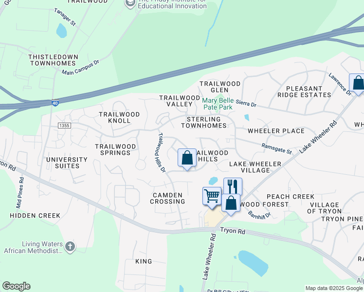 map of restaurants, bars, coffee shops, grocery stores, and more near 2412 Laurel Falls Lane in Raleigh