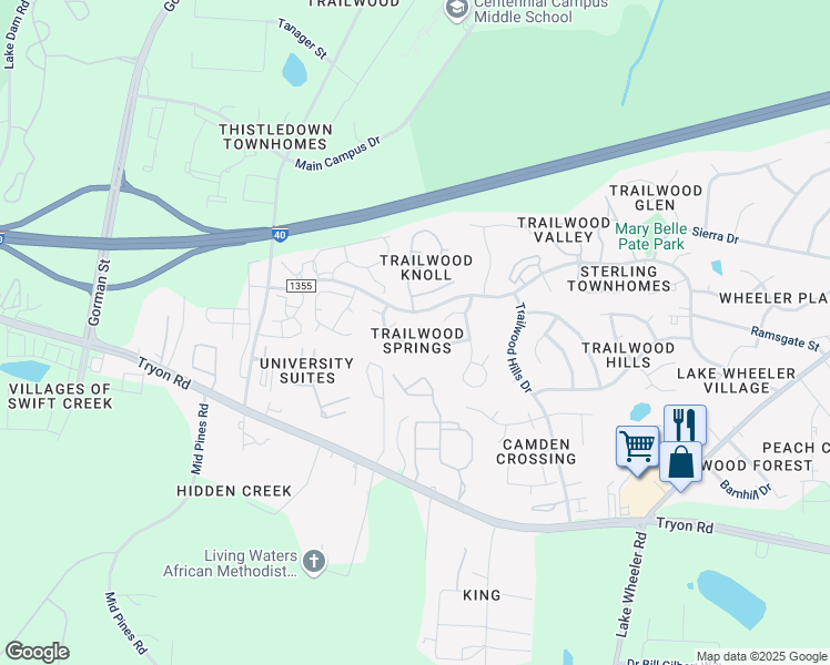 map of restaurants, bars, coffee shops, grocery stores, and more near 2820 Clerkenwell Way in Raleigh