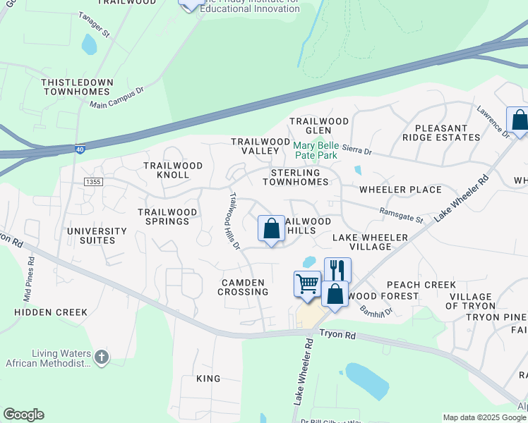 map of restaurants, bars, coffee shops, grocery stores, and more near 2313 Laurel Falls Lane in Raleigh