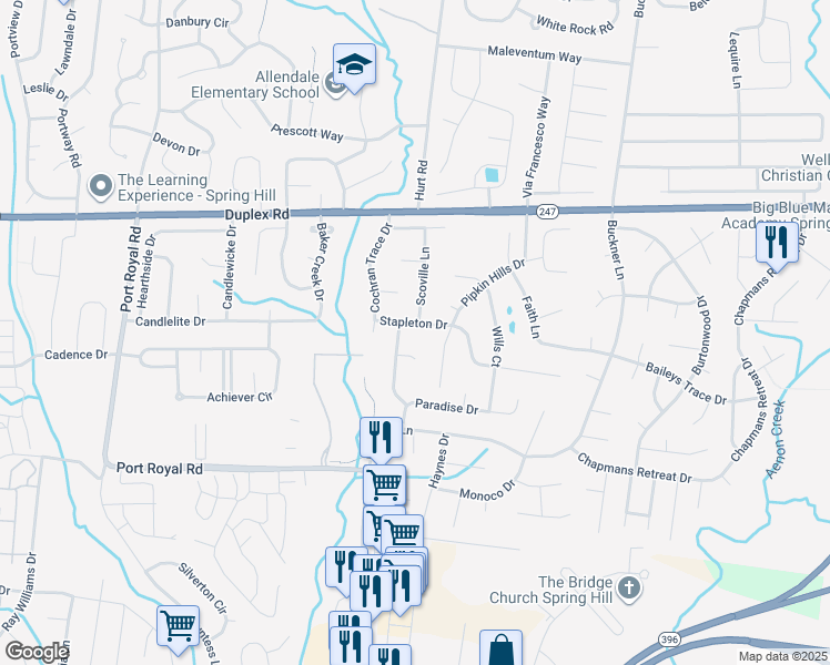 map of restaurants, bars, coffee shops, grocery stores, and more near 2914 Stapleton Drive in Spring Hill