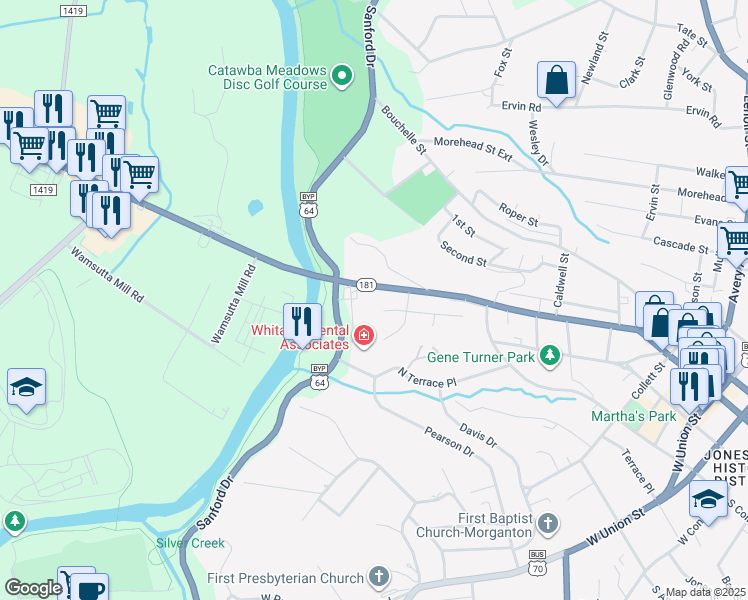 map of restaurants, bars, coffee shops, grocery stores, and more near 586-798 North Green Street in Morganton