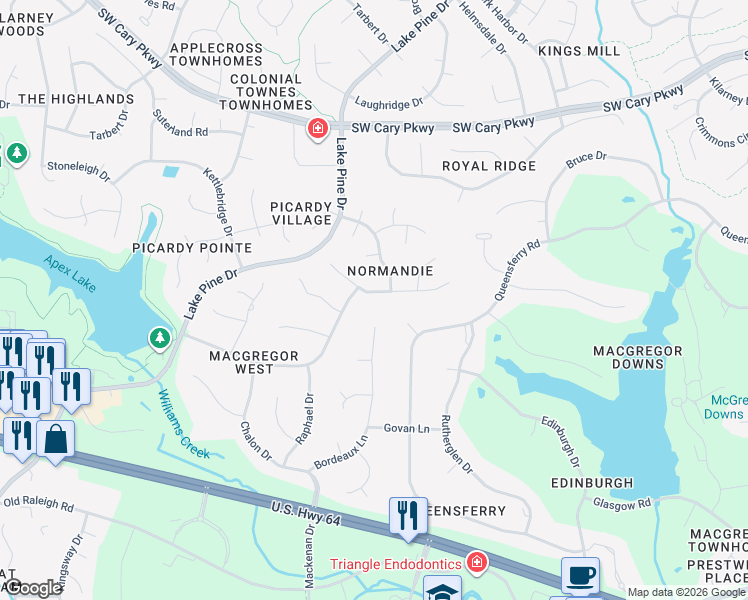 map of restaurants, bars, coffee shops, grocery stores, and more near 102 West Jules Verne Way in Cary