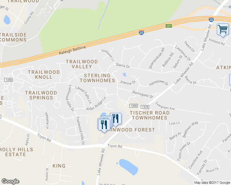 map of restaurants, bars, coffee shops, grocery stores, and more near 2605 Buck Spring Court in Raleigh
