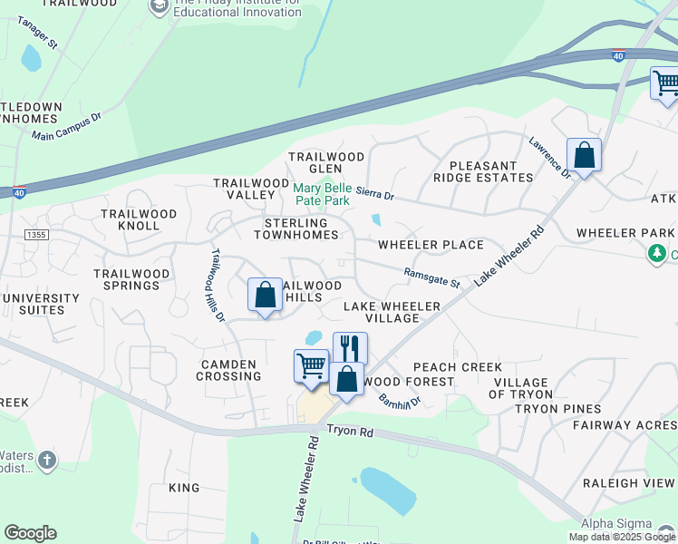 map of restaurants, bars, coffee shops, grocery stores, and more near 2605 Buck Spring Court in Raleigh