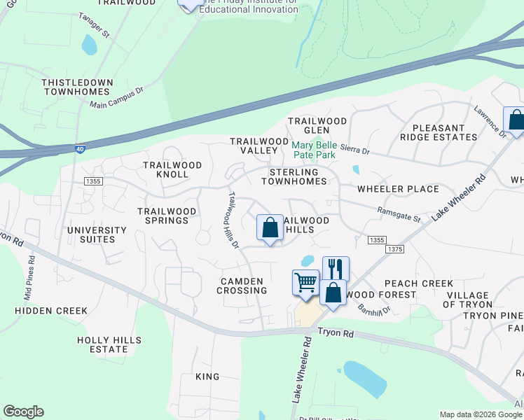 map of restaurants, bars, coffee shops, grocery stores, and more near 2313 Laurel Falls Lane in Raleigh