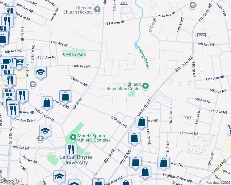 map of restaurants, bars, coffee shops, grocery stores, and more near 1330 5th Street Northeast in Hickory