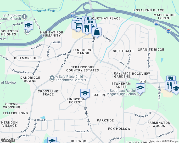 map of restaurants, bars, coffee shops, grocery stores, and more near 2201 Woodchuck Place in Raleigh