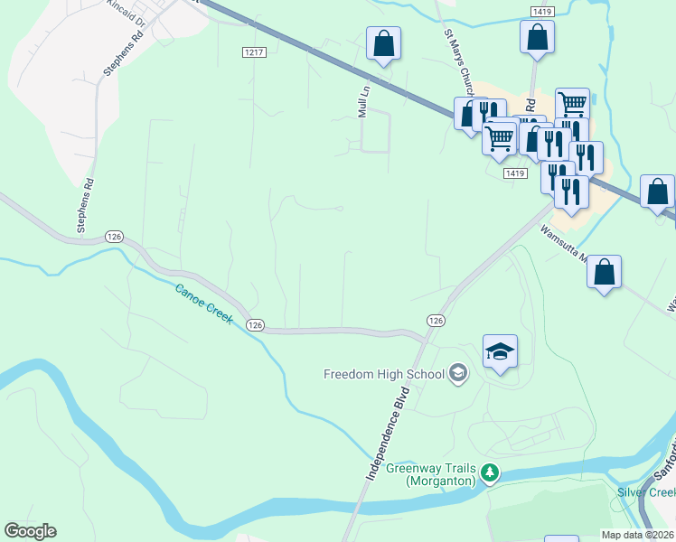 map of restaurants, bars, coffee shops, grocery stores, and more near 199 Wilbur Newton Street in Morganton