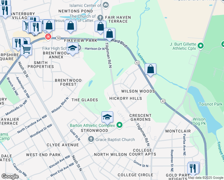 map of restaurants, bars, coffee shops, grocery stores, and more near 1705 Tilghman Road North in Wilson