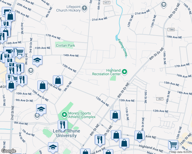 map of restaurants, bars, coffee shops, grocery stores, and more near 1330 5th Street Northeast in Hickory