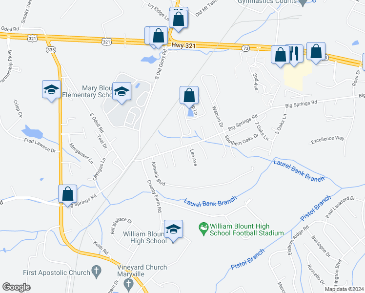 map of restaurants, bars, coffee shops, grocery stores, and more near 107 Mimosa Circle in Maryville