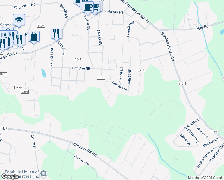 map of restaurants, bars, coffee shops, grocery stores, and more near 1758 33rd Street Northeast in Hickory