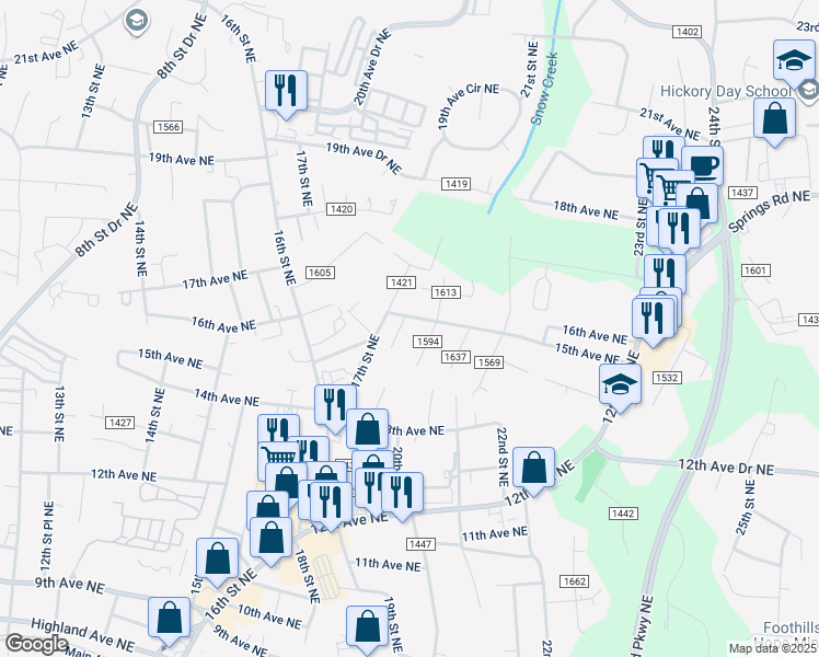 map of restaurants, bars, coffee shops, grocery stores, and more near 1486 17th Street Drive Northeast in Hickory