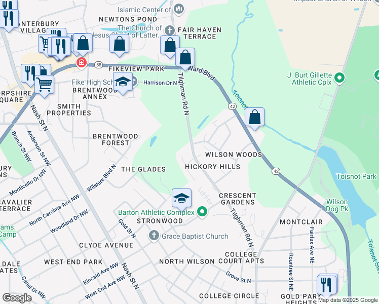 map of restaurants, bars, coffee shops, grocery stores, and more near 1705 Tilghman Road North in Wilson