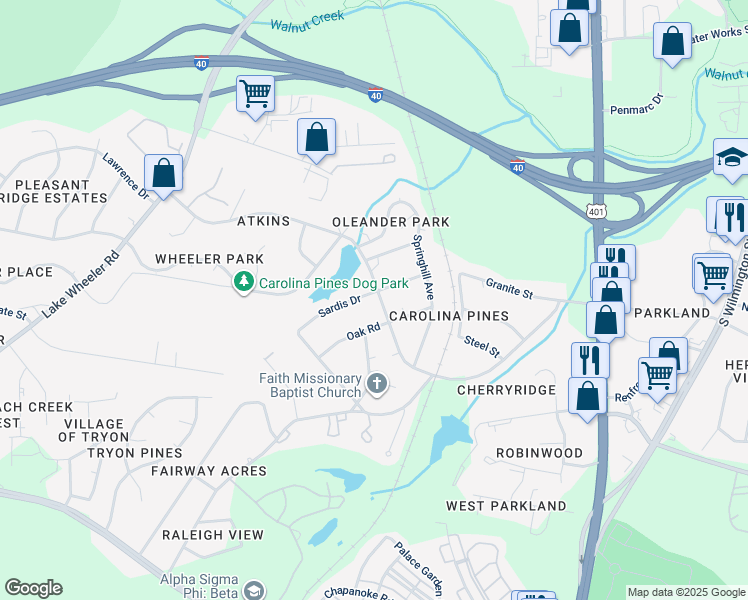 map of restaurants, bars, coffee shops, grocery stores, and more near 1009 Carolina Pines Avenue in Raleigh