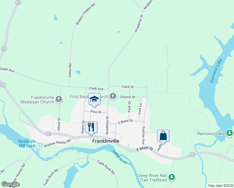 map of restaurants, bars, coffee shops, grocery stores, and more near 154 Clark Street in Franklinville