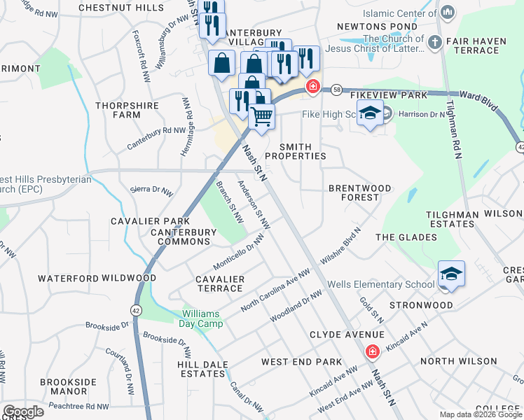 map of restaurants, bars, coffee shops, grocery stores, and more near 106 Rowe Avenue Northwest in Wilson