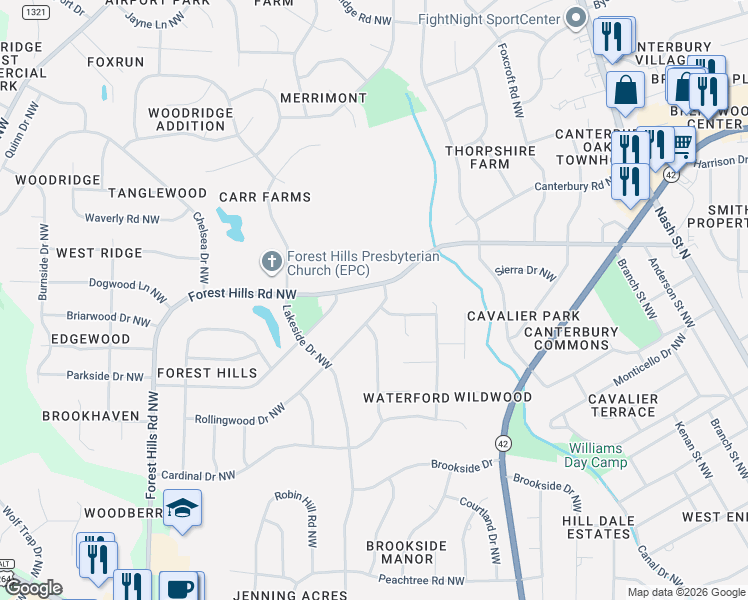 map of restaurants, bars, coffee shops, grocery stores, and more near 903 Forest Hills Road Northwest in Wilson