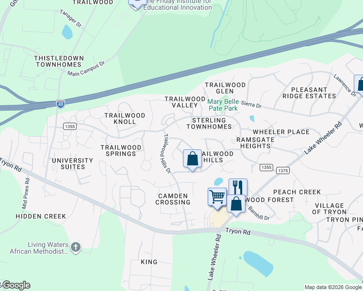 map of restaurants, bars, coffee shops, grocery stores, and more near 2313 Laurel Falls Lane in Raleigh