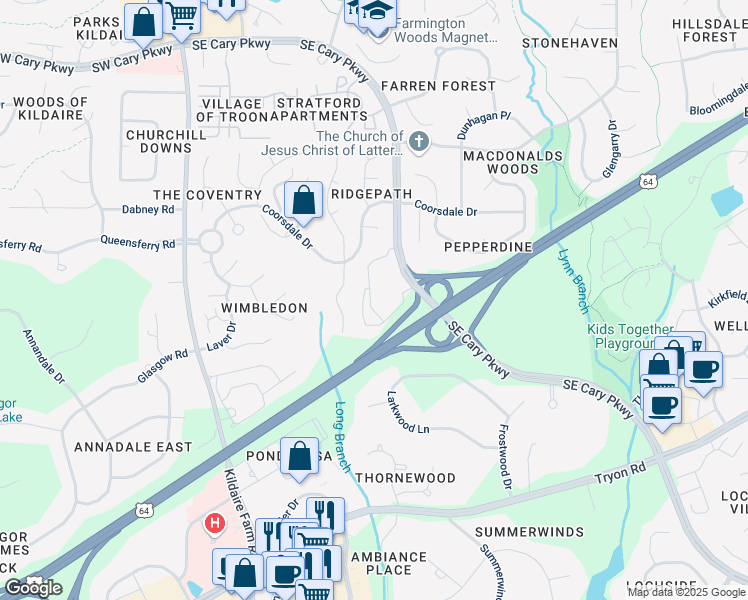 map of restaurants, bars, coffee shops, grocery stores, and more near 2 Kirkshire Circle in Cary