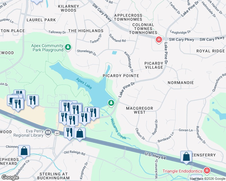 map of restaurants, bars, coffee shops, grocery stores, and more near 220 Kilbreck Drive in Cary