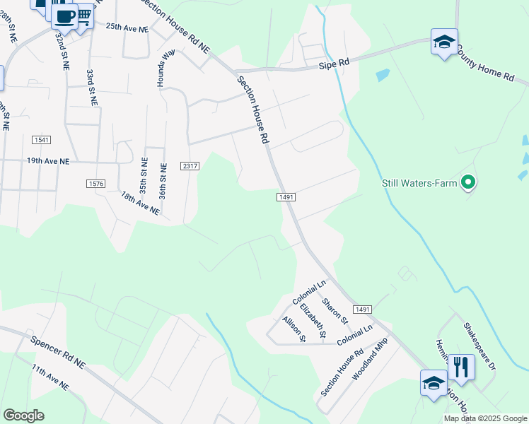 map of restaurants, bars, coffee shops, grocery stores, and more near 4263 Section House Road in Hickory