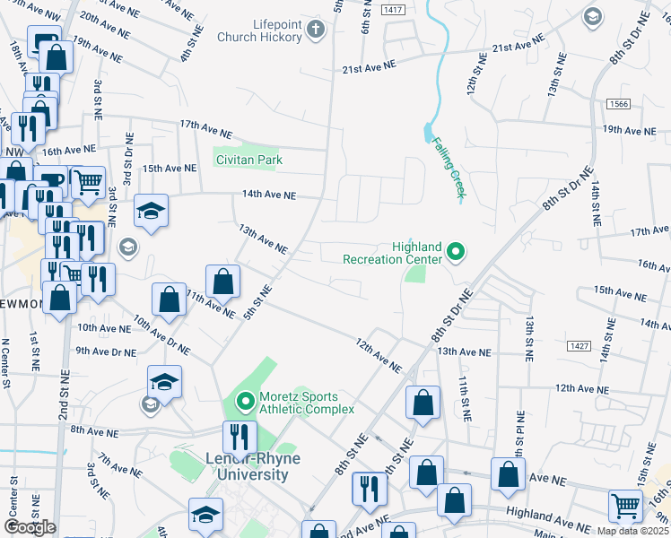 map of restaurants, bars, coffee shops, grocery stores, and more near 1330 5th Street Northeast in Hickory