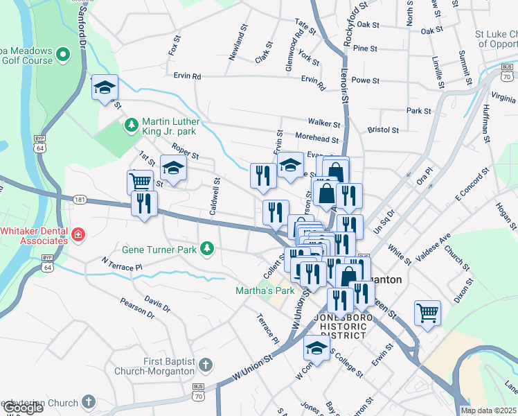 map of restaurants, bars, coffee shops, grocery stores, and more near 318 Bouchelle Street in Morganton