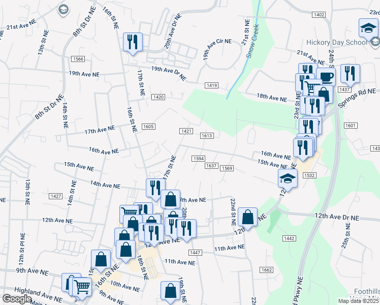 map of restaurants, bars, coffee shops, grocery stores, and more near 1486 17th Street Drive Northeast in Hickory