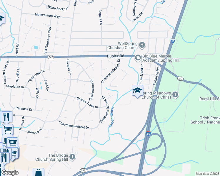 map of restaurants, bars, coffee shops, grocery stores, and more near 1408 Carmack Lane in Spring Hill