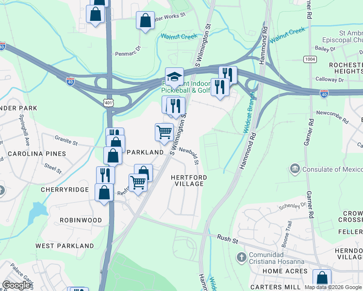 map of restaurants, bars, coffee shops, grocery stores, and more near 2415 South Wilmington Street in Raleigh
