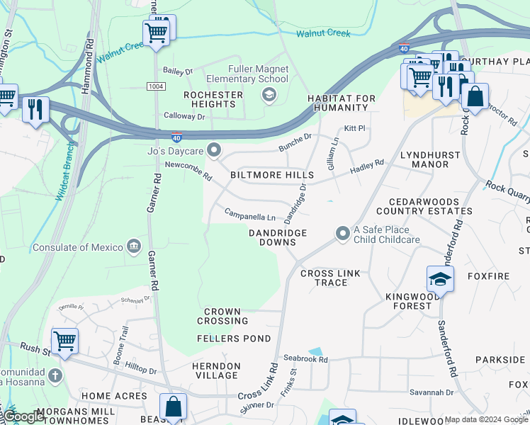 map of restaurants, bars, coffee shops, grocery stores, and more near 849 Campanella Lane in Raleigh