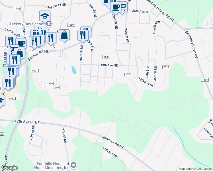 map of restaurants, bars, coffee shops, grocery stores, and more near 1726 30th Street Northeast in Hickory