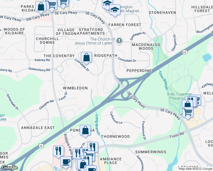 map of restaurants, bars, coffee shops, grocery stores, and more near 760 Southeast Cary Parkway in Cary