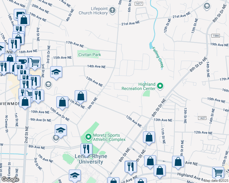map of restaurants, bars, coffee shops, grocery stores, and more near 1330 5th Street Northeast in Hickory