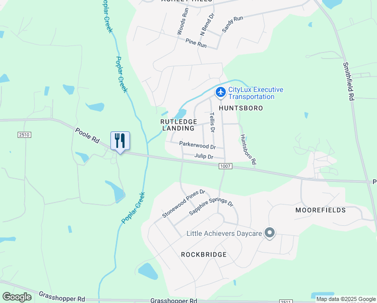 map of restaurants, bars, coffee shops, grocery stores, and more near 5113 Parkerwood Drive in Knightdale