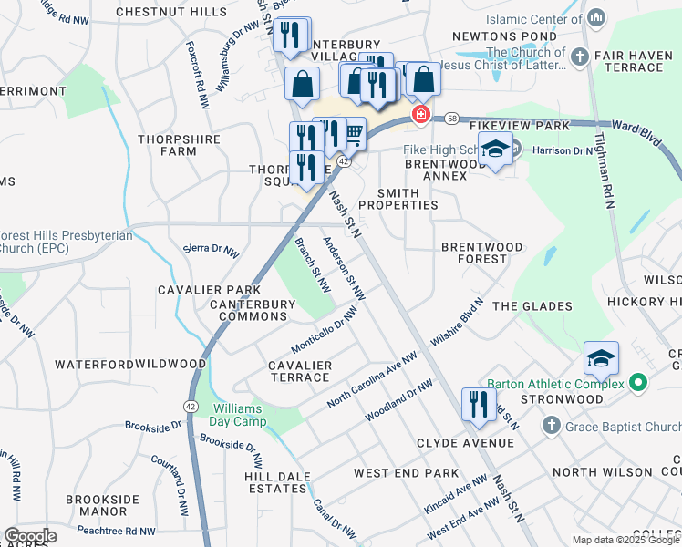 map of restaurants, bars, coffee shops, grocery stores, and more near 201 Rowe Avenue Northwest in Wilson