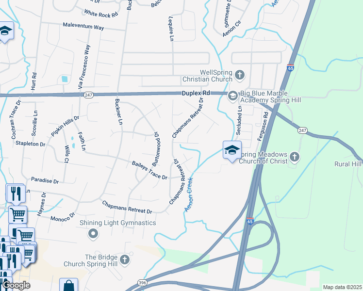 map of restaurants, bars, coffee shops, grocery stores, and more near 1404 Carmack Lane in Spring Hill