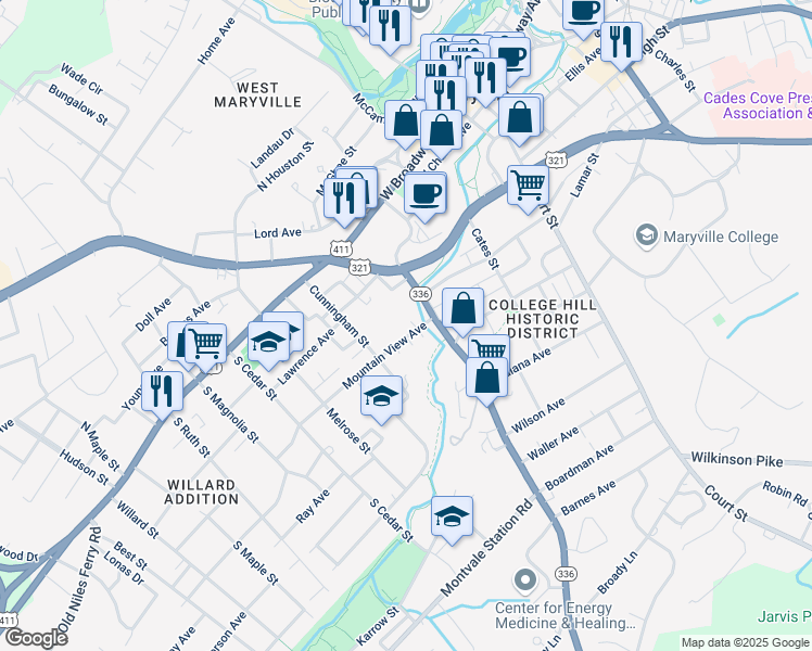 map of restaurants, bars, coffee shops, grocery stores, and more near 515 Mountain View Avenue in Maryville
