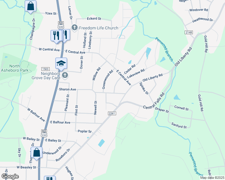 map of restaurants, bars, coffee shops, grocery stores, and more near 515 Sharon Avenue in Asheboro