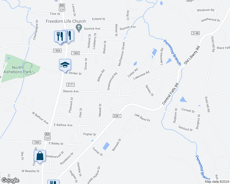 map of restaurants, bars, coffee shops, grocery stores, and more near 515 Sharon Avenue in Asheboro