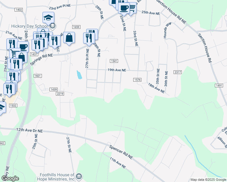 map of restaurants, bars, coffee shops, grocery stores, and more near 1726 30th Street Northeast in Hickory
