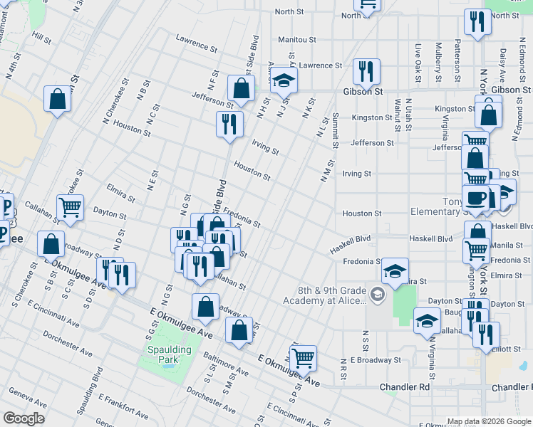 map of restaurants, bars, coffee shops, grocery stores, and more near 604 North K Street in Muskogee
