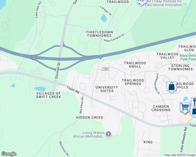 map of restaurants, bars, coffee shops, grocery stores, and more near 3020 Centennial Woods Drive in Raleigh