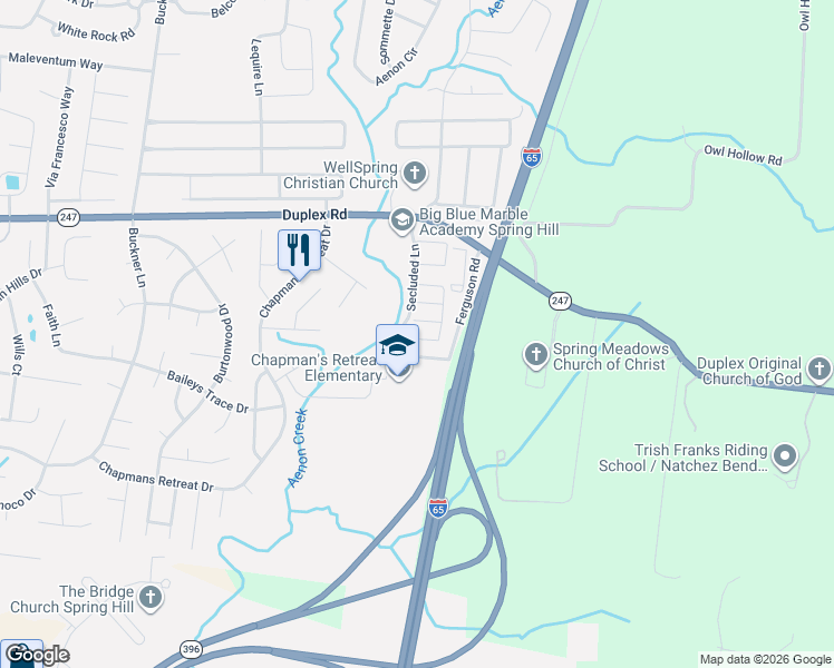map of restaurants, bars, coffee shops, grocery stores, and more near 3001 Michael Lane in Spring Hill